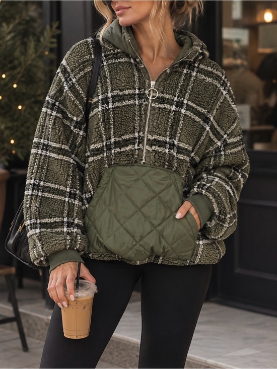 Zara Jackets & Blazers - Zara Green Plaid Sherpa Fleece Quilted Pocket Pullover Hoodie (XS)